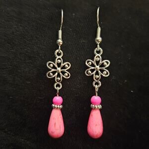 Antique silver flower and pink acrylic and dyed howlite dangle earrings